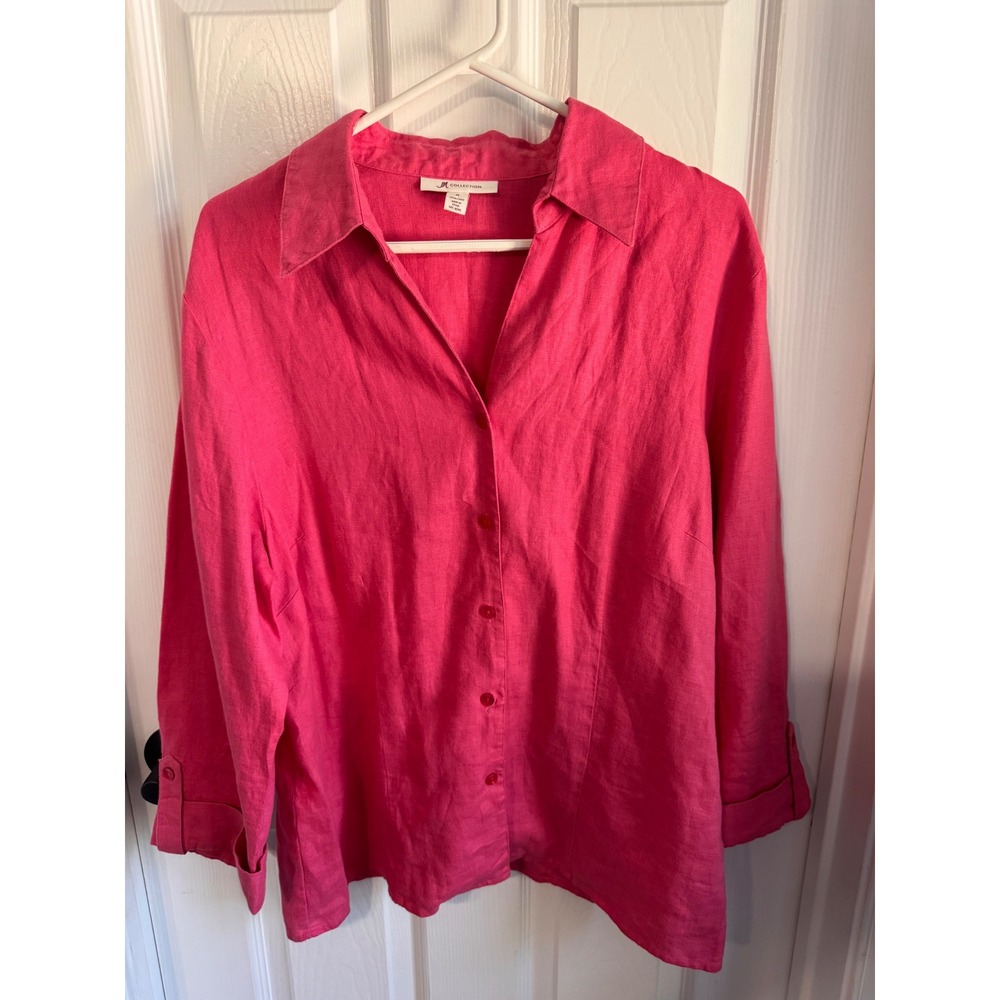 JM Collection Glamour Pink 100% Linen Roll Tab Button Down Shirt Size 16